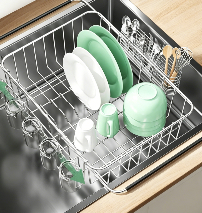 In-Sink Expandable Dish Rack – Rustproof Stainless Steel Design (with Cup Rack and Utensil Holder)