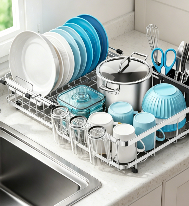 High-Capacity Dish Rack Set – Includes Absorbent Mat and Detachable Drip Tray/Rack